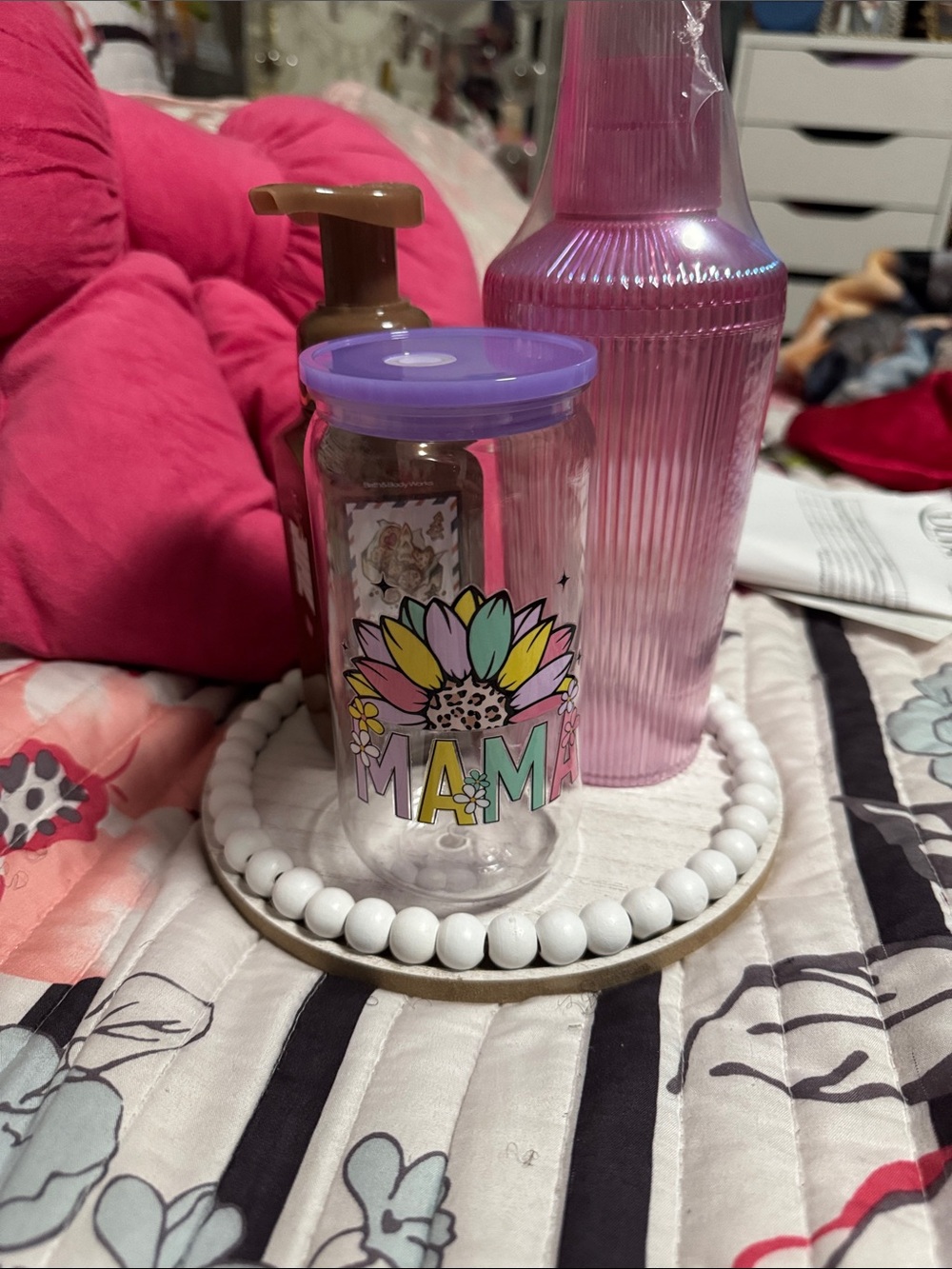 Colorful Floral Mason Jar Tumbler with Purple Lid with extras